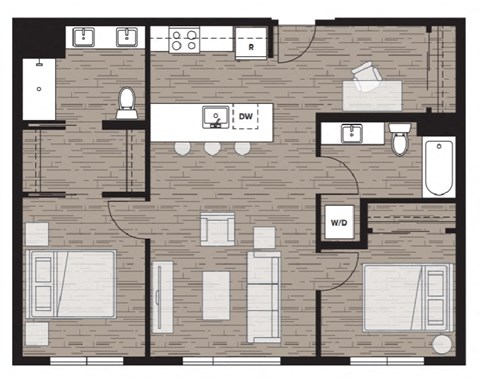 a floor plan of a bedroom apartment at Riverfront Everett, Everett, 98101